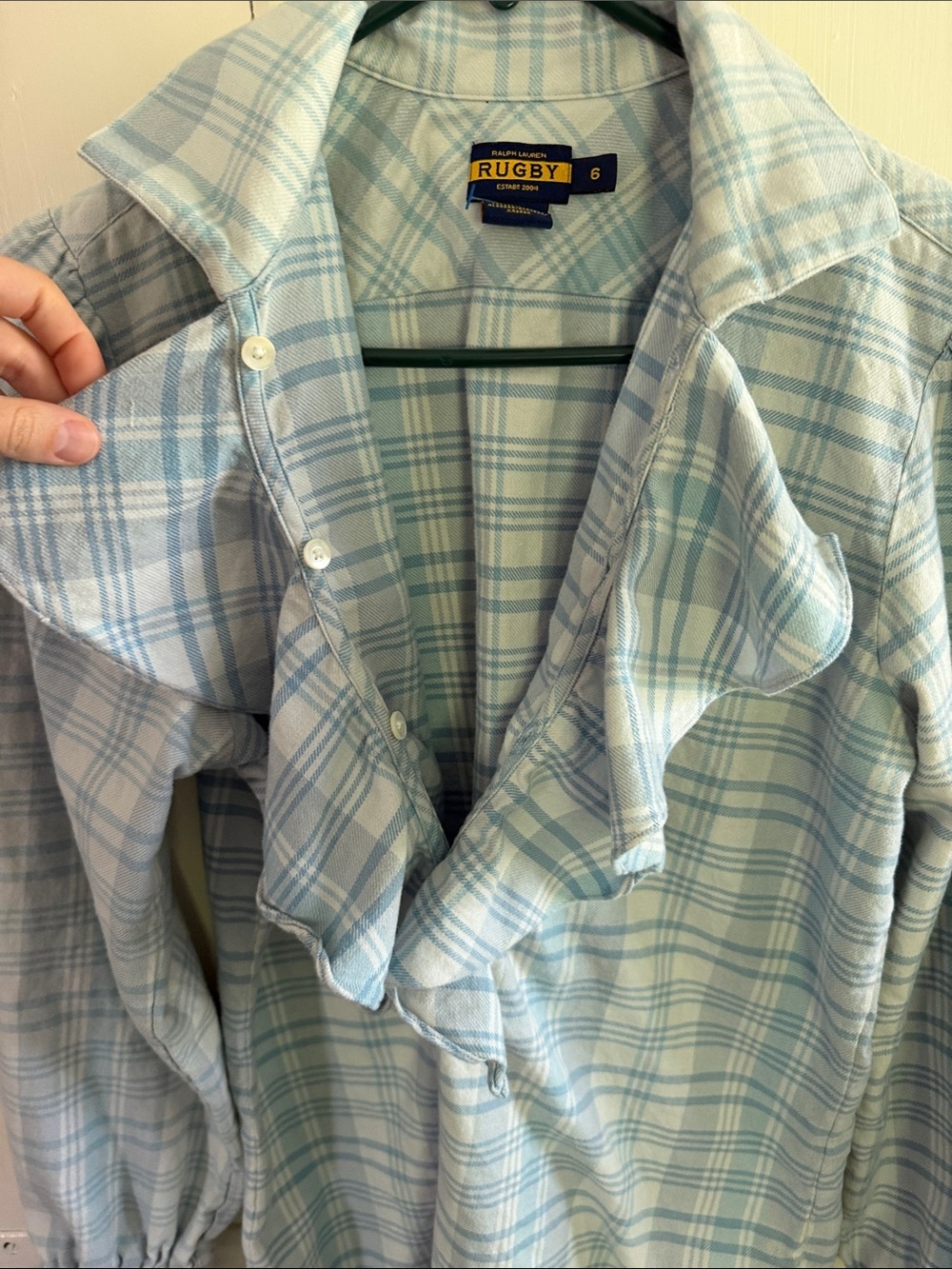 Ralph Lauren Light Blue Plaid Ruffle Front Button-Down Shirt - Picture 4 of 5